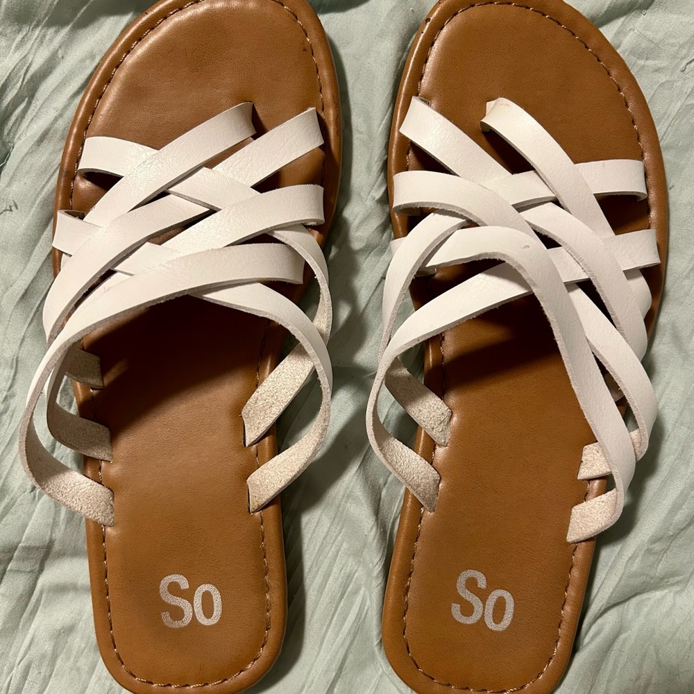 SO Women's Sandals with White Straps and Brown Sole